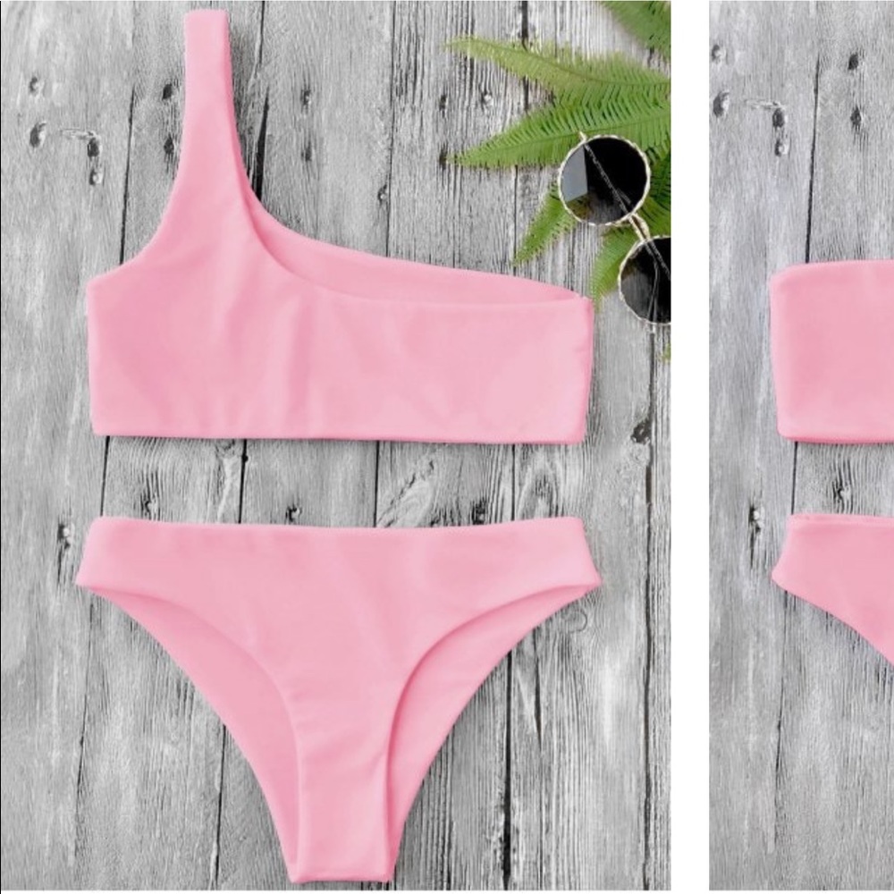 One Shoulder Bikini Set - Pink Size Small